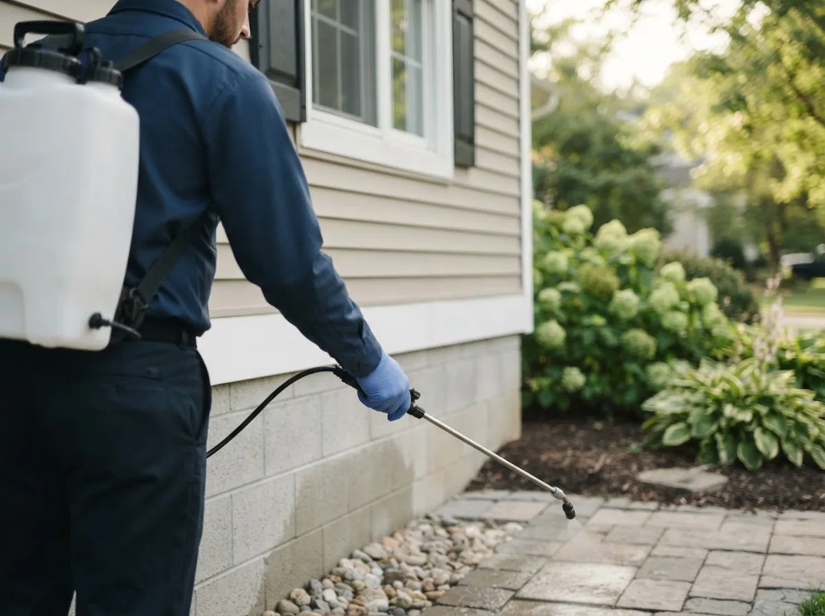 Pest control technician inspecting a home in Shamrock, OK